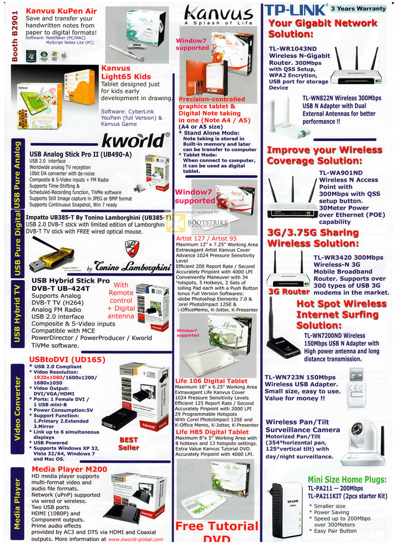 PC Show 2011 price list image brochure of Asia Radio Kanvus KuPen Air Light65 Kids TP-Link Netowrking Router Wireless N Kworld USB Analog Stick Pro TV Hybrid DVB Media Player HomePlug Tablet