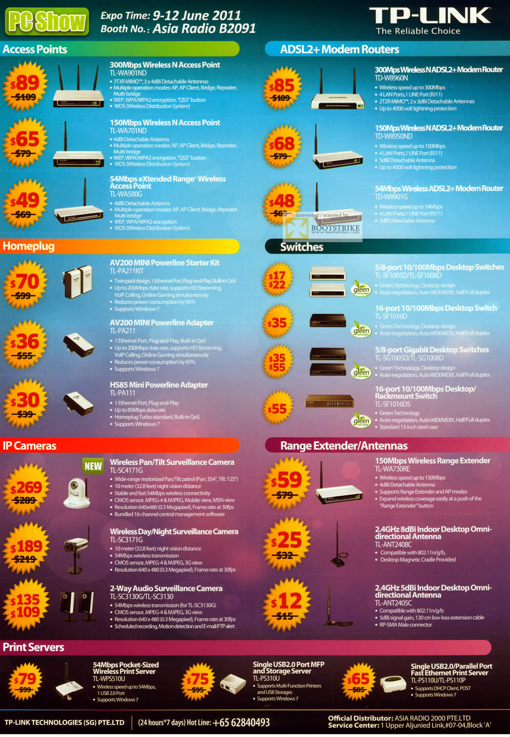 PC Show 2011 price list image brochure of Asia Radio TP-Link Networking Router ADSL2 Modem Routers HomePlug Switches Mini Powerline IPCam Surveillance Camera Extender Wireless Print Server