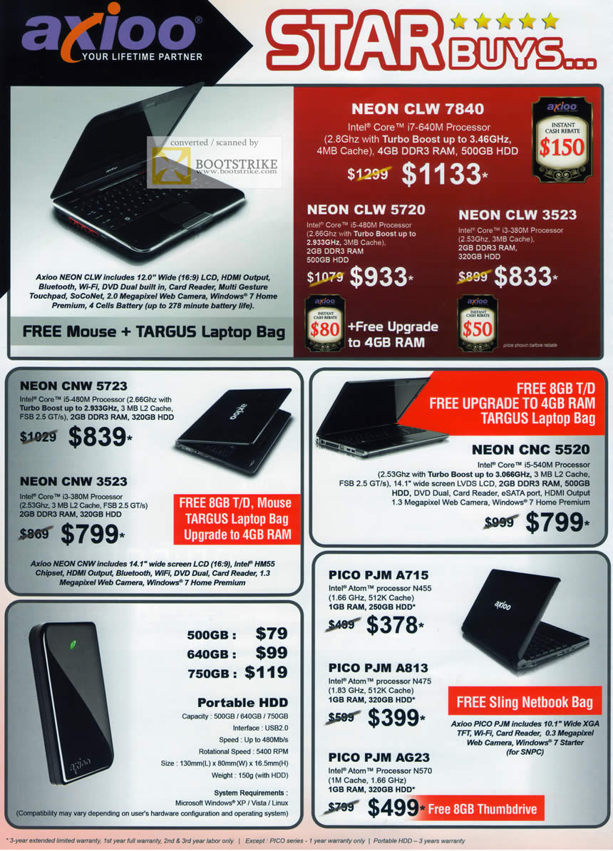 PC Show 2011 price list image brochure of Axioo Notebooks Neon CLW 7840 5720 3523 CNW 5723 3523 CNC 5520 External Storage Portable HDD Pico PJM A715 A813 AG23