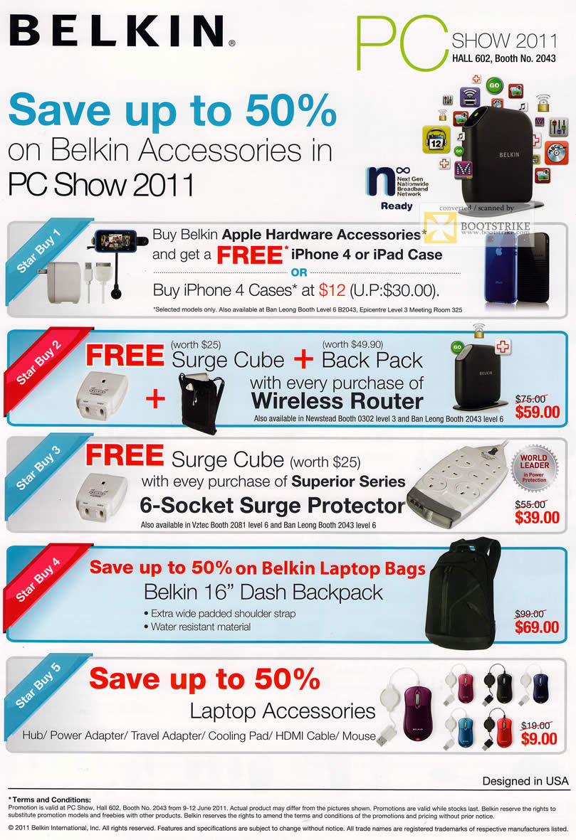 PC Show 2011 price list image brochure of Belkin Accessories Star Buys Free IPhone 4 IPad Case Wireless Router Surge Protector