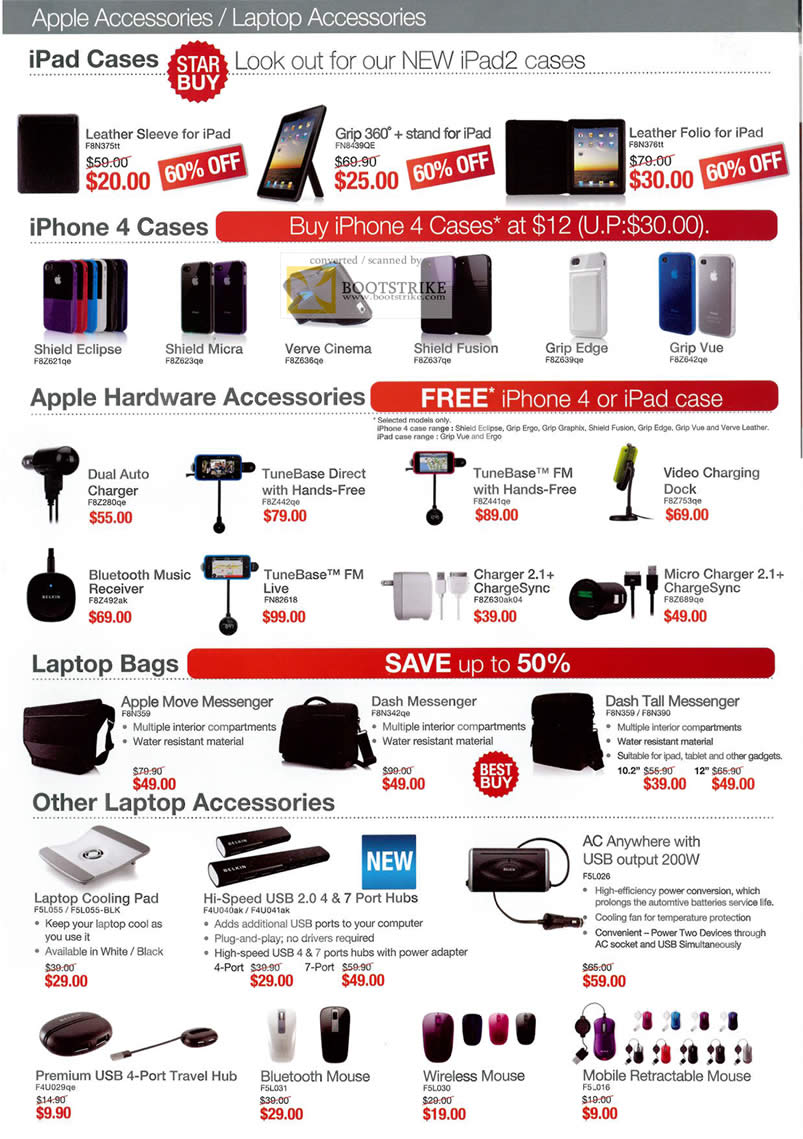 PC Show 2011 price list image brochure of Belkin Accessories IPad IPhone Case Shield Screen Protector Grip Vue Sleeve Stand Folio Bluetooth Receiver Charger Dock Bags Apple Move Messenger Colling Pad USB Hub Mouse Wireless