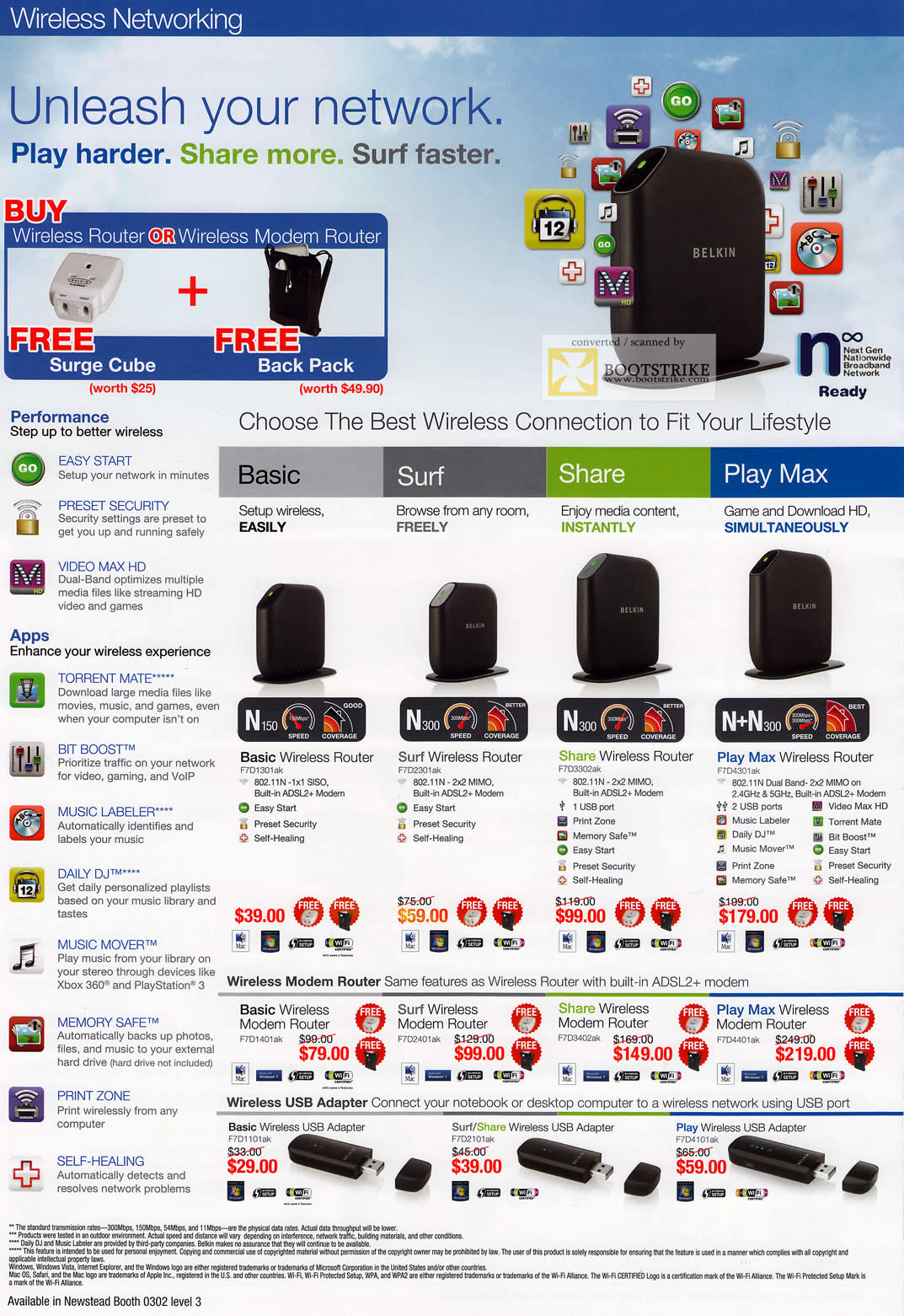PC Show 2011 price list image brochure of Belkin Wireless Networking Basic Surf Share Play Max Router Model USB Adapter