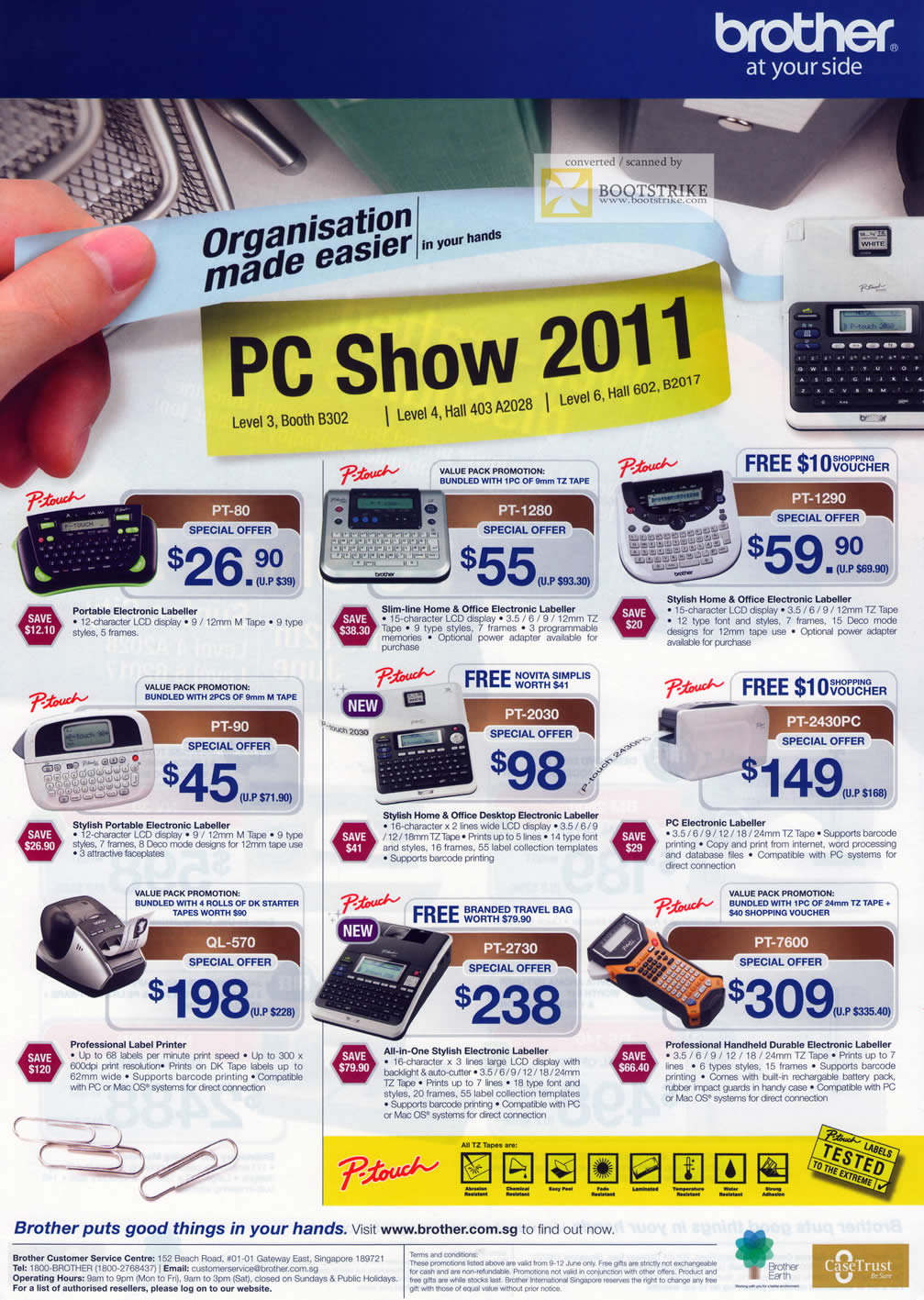 PC Show 2011 price list image brochure of Brother Electronic Labeller P-Touch PT-80 PT-1280 PT-1290 PT-90 PT-2030 PT-2430PC QL-570 PT-2730 PT-7600