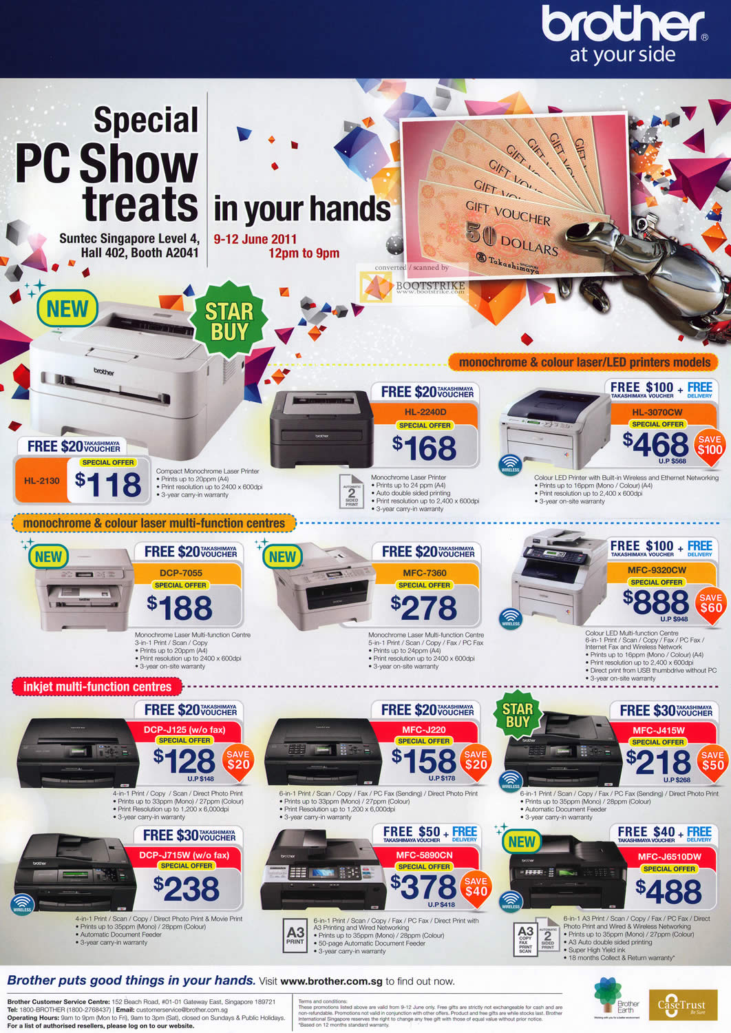 PC Show 2011 price list image brochure of Brother Printers Laser HL 2130 2240D 3070CW DCP 7055 MFC 7360 9320CW Inkjet DCP J125 J220 J415W J715W 5890CN J6510DW