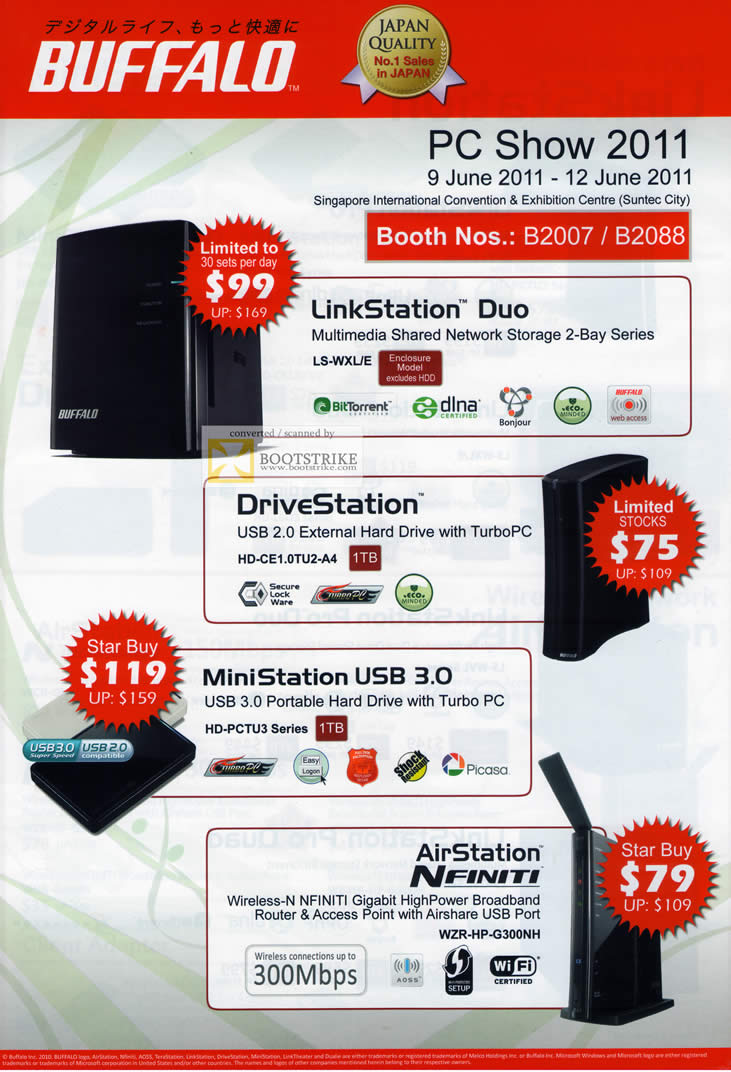 PC Show 2011 price list image brochure of Buffalo External Storage LinkStation Duo DriveStation MiniStation USB NAS AirStation Nfinity