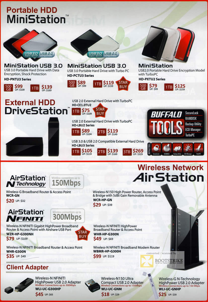 PC Show 2011 price list image brochure of Buffalo External Storage Portable Ministation HDD USB DriveStation AirStation Nfinity Wireless Router Airshare Adapter