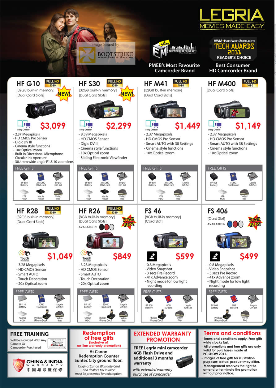 PC Show 2011 price list image brochure of Canon Camcorders Legria HF G10 S30 M41 M400 R80 R26 FS46 FS406