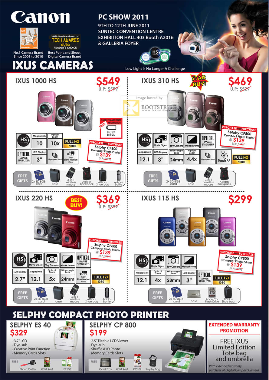 PC Show 2011 price list image brochure of Canon Digital Cameras Ixus 1000 HS 310 220 115 Selphy Compact ES40 CP800