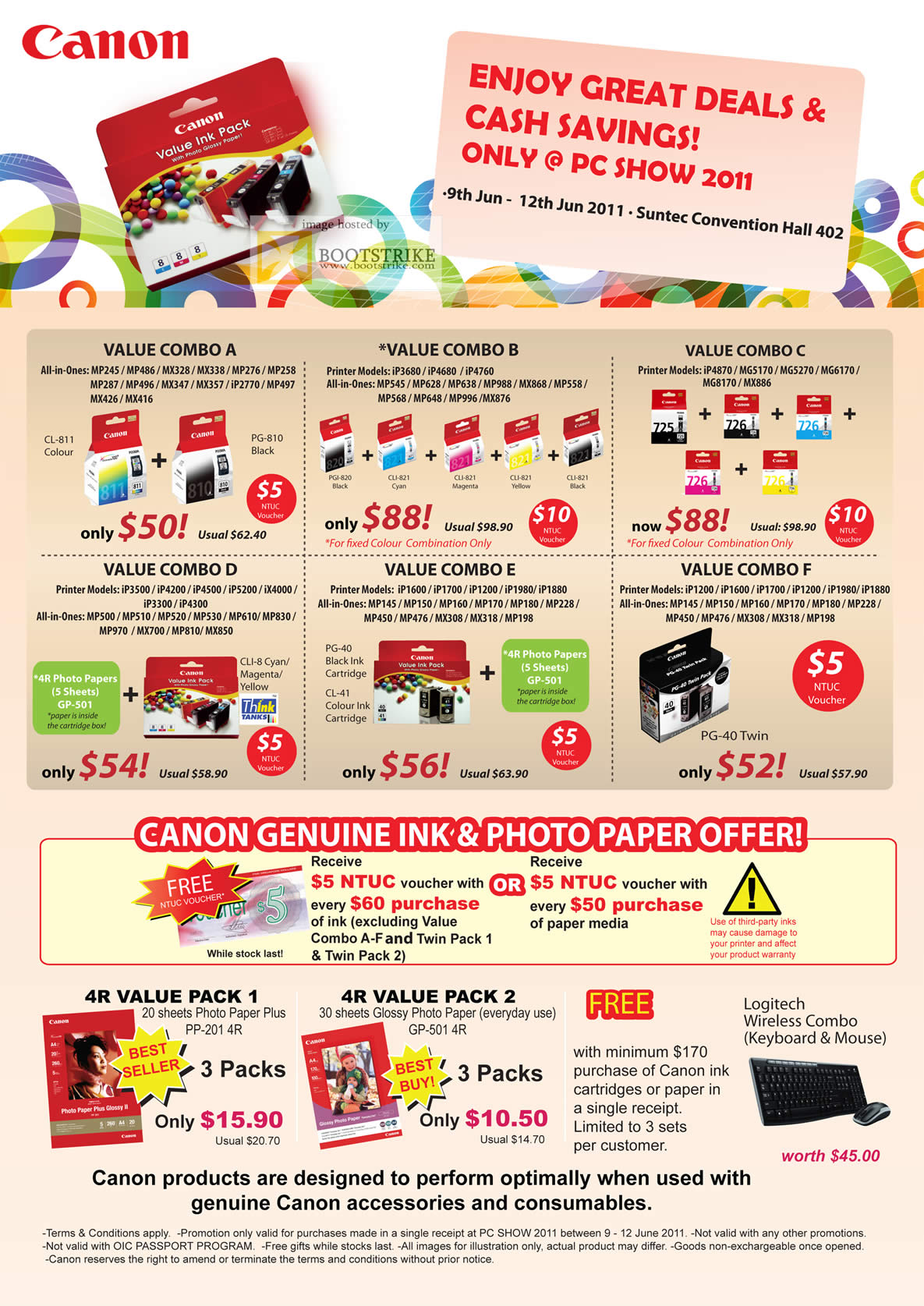 PC Show 2011 price list image brochure of Canon Printers Ink Cartridges Value Combos Photo Paper 4R
