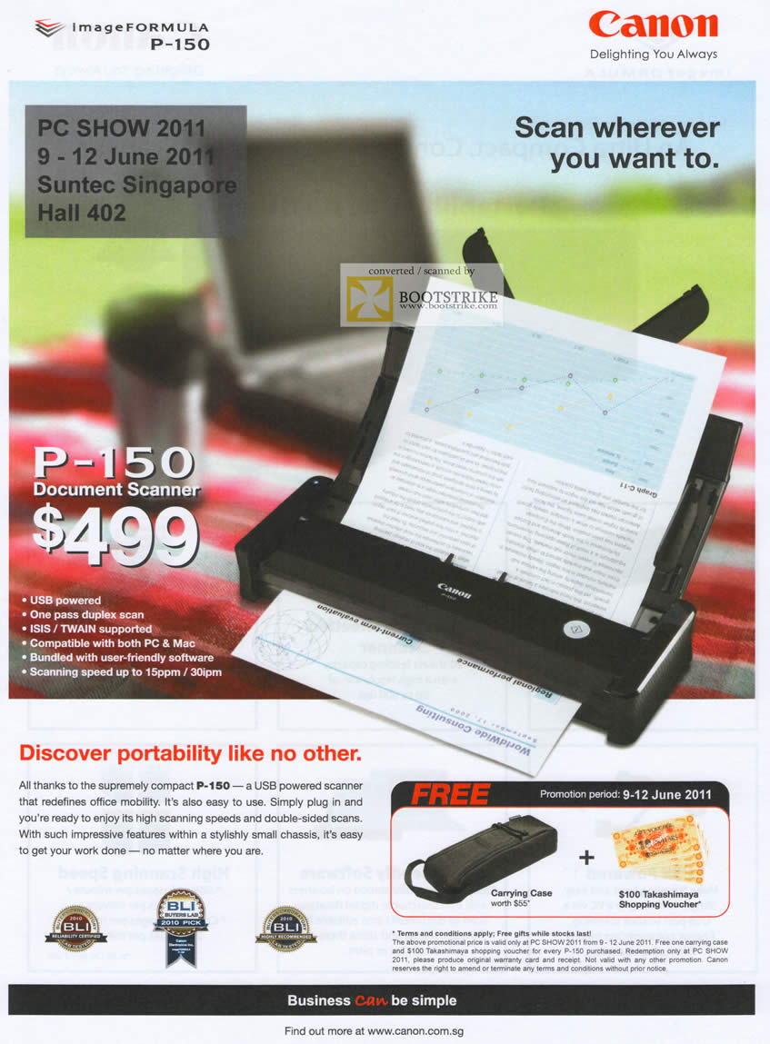 PC Show 2011 price list image brochure of Canon Scanner P-150 Document Free Gifts USB Powered