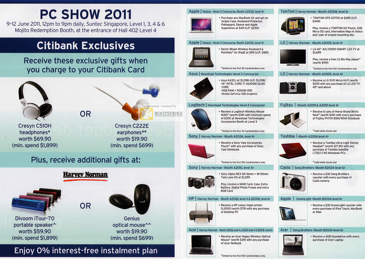PC Show 2011 price list image brochure of Citibank Exclusives Cresyn C510H C222E Mouse DiVooom Toshiba Fujitsu Sony Logitech HP Acer Apple TomTom LG