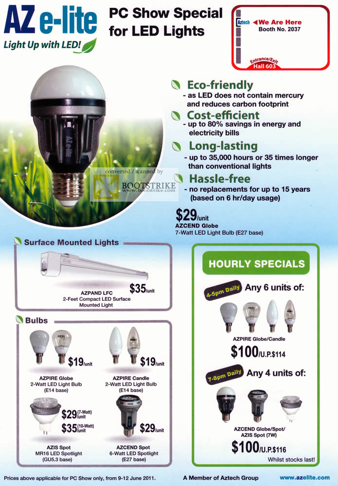 PC Show 2011 price list image brochure of Convergent Aztech AZ E-Lite LED Lights Azcend Globe Bulb Surface Mounted Hourly Special Azpire Candle Spot Azcend