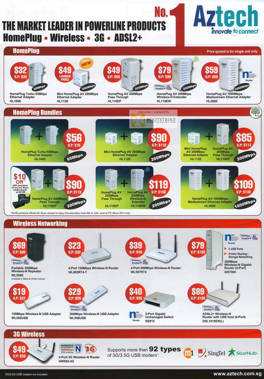 PC Show 2011 price list image brochure of Convergent Aztech Networking HomePlug Turbo AV Bundles Ethernet Wireless Router Repeater ADSL2 Switch