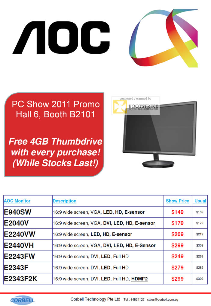 PC Show 2011 price list image brochure of Corbell AOC LED Monitors E940SW E2040V E2240VW E2440VH E2243FW E2343F E2343F2K