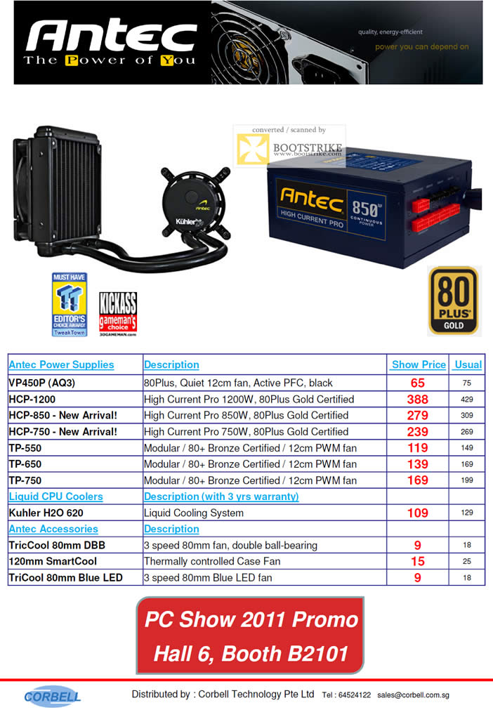 PC Show 2011 price list image brochure of Corbell Antec Power Supply Unit PSU VD450P 80Plus HCP TP Kuhler Liquid CPU Cooler Accessories TricCool SmartCool Fan PWN