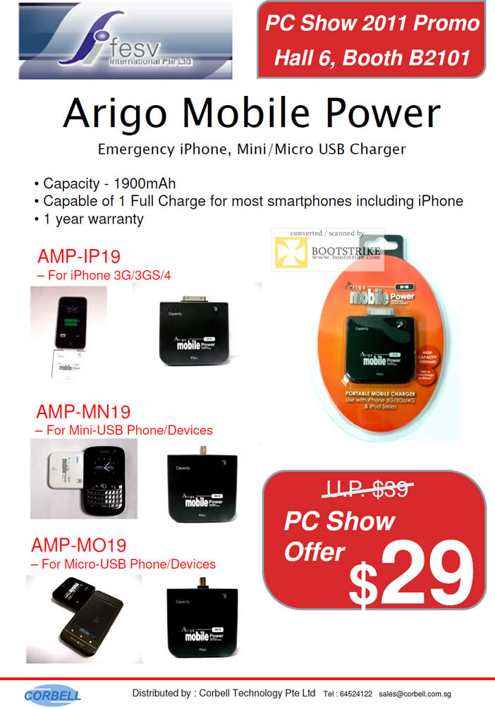 PC Show 2011 price list image brochure of Corbell Arigo Mobile Power AMP-IP19 MN19 MO19 IPhone USB Micro Charger