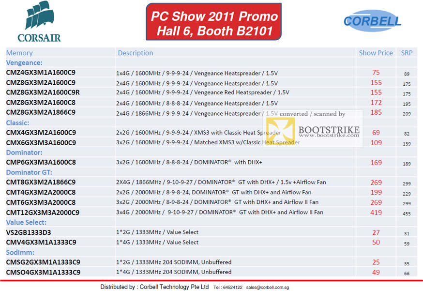 PC Show 2011 price list image brochure of Corbell Corsair DRAM RAM Memory Vengeance Classic Dominator GT Value Select Sodimm Heatspreader DHX