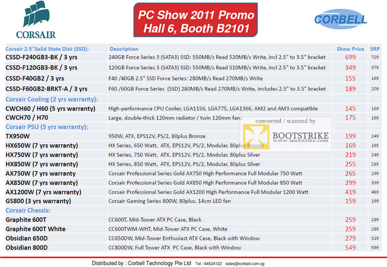 PC Show 2011 price list image brochure of Corbell Corsair Flash Memory SSD CSSD Power Supply Unit PSU Cooling Chassis Casing Graphite Obsidian