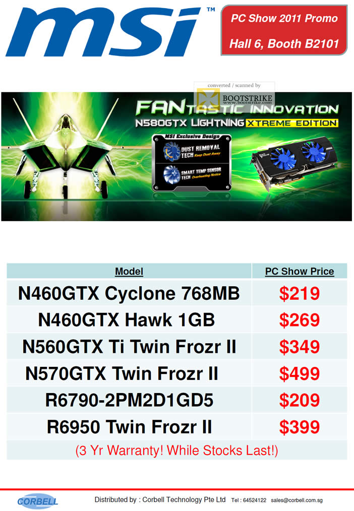 PC Show 2011 price list image brochure of Corbell MSI Graphic Video Cards N580GTX NVidia N460GTX N560GTX N570GTX R6790 R6950 Twin Frozr II Cyclone Hawk Twin