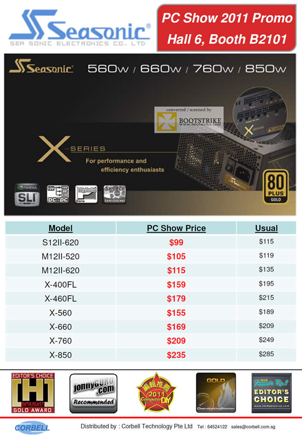 PC Show 2011 price list image brochure of Corbell Seasonic Power Supply Unit PSU S12II-620 M12II-520 620 X-400FL 460FL X-560 660 760 850