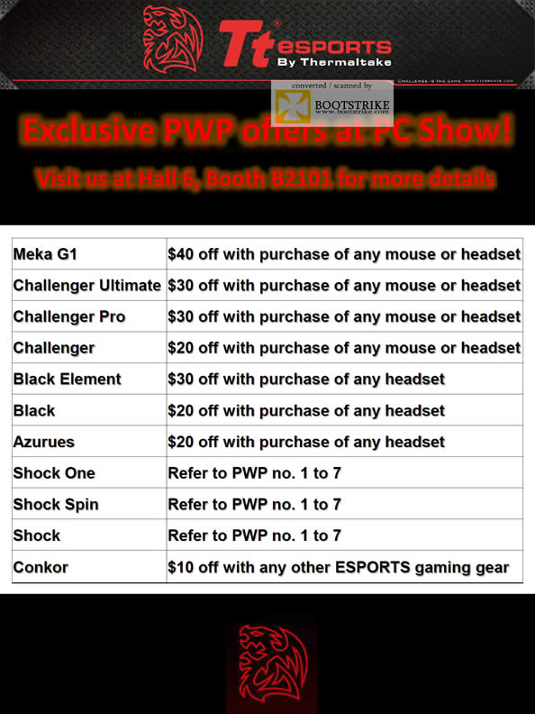 PC Show 2011 price list image brochure of Corbell Thermaltake Tt ESPORTS Purchase With Purchase Meka G1 Challenger Black Azurues Shock Conkor