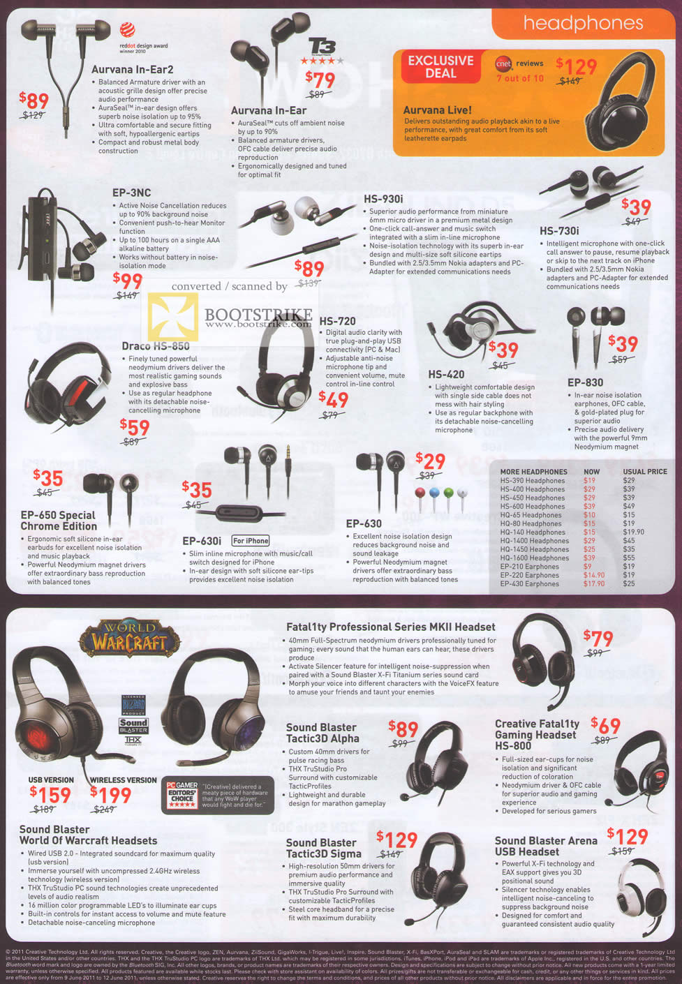 PC Show 2011 price list image brochure of Creative Earphones Headphones Aurvana Ep-3NC HS-930i 730i Draco 850 720 420 830 650 Edition 630i 630 World Of Warcraft Fatal1ty MKII Tactic3D