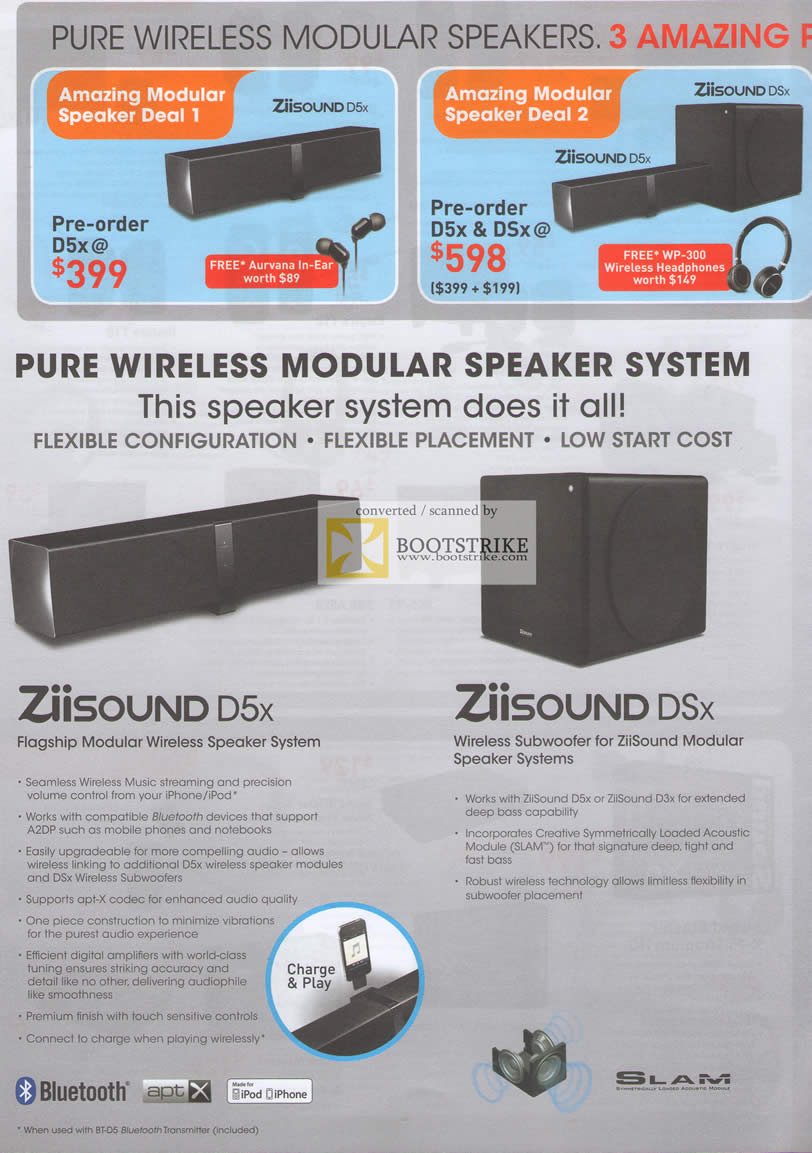 PC Show 2011 price list image brochure of Creative Pure Wireless Modular Speaker System Flexible Ziisound D5x DSx Subwoofer