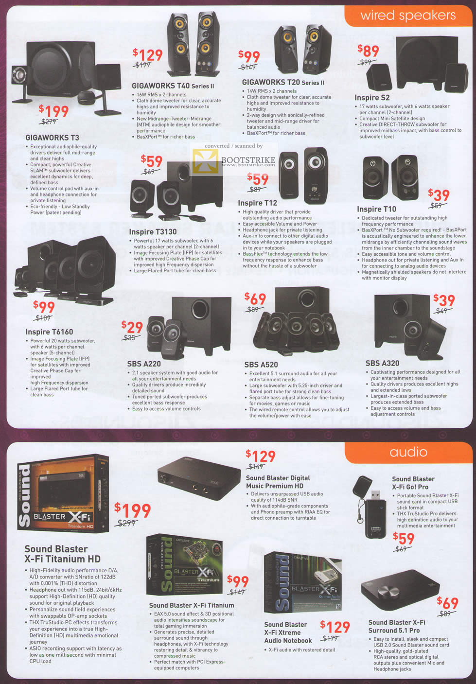 PC Show 2011 price list image brochure of Creative Speakers Gigaworks T3 T40 T20 Inspire S2 T313 T12 T10 T6160 SBS A220 A520 A320 X-Fi Titanium HD Xtreme Go! Pro Surround