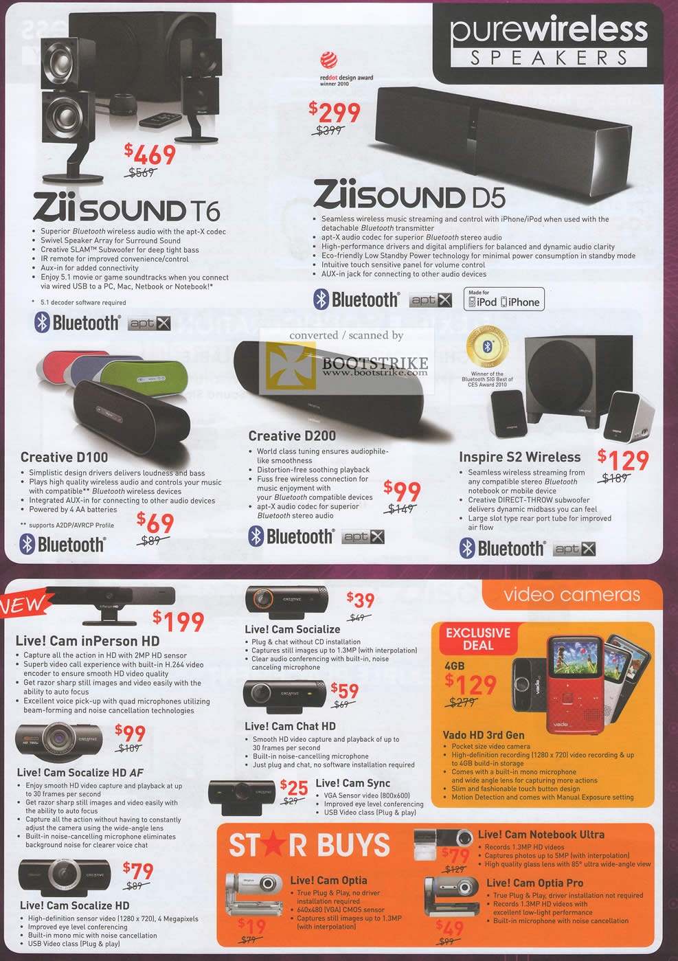 PC Show 2011 price list image brochure of Creative Speakers Pure Wireless ZiiSound T6 D5 D100 D200 Inspire S2 Live! Cam InPerson HD Socialize HD AF Chat Sync Vado Optia Notebook Ultra Pro