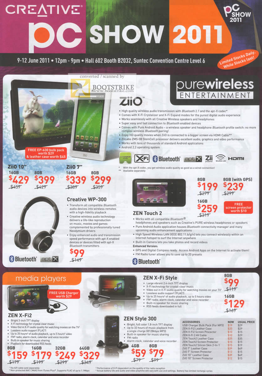PC Show 2011 price list image brochure of Creative Tablets Ziio Android X-Fi Crystalizer Apt-X Headphones WP-300 ZEN Touch 2 X-Fi2 Style 300 Case Screen Protector Silicon Skin
