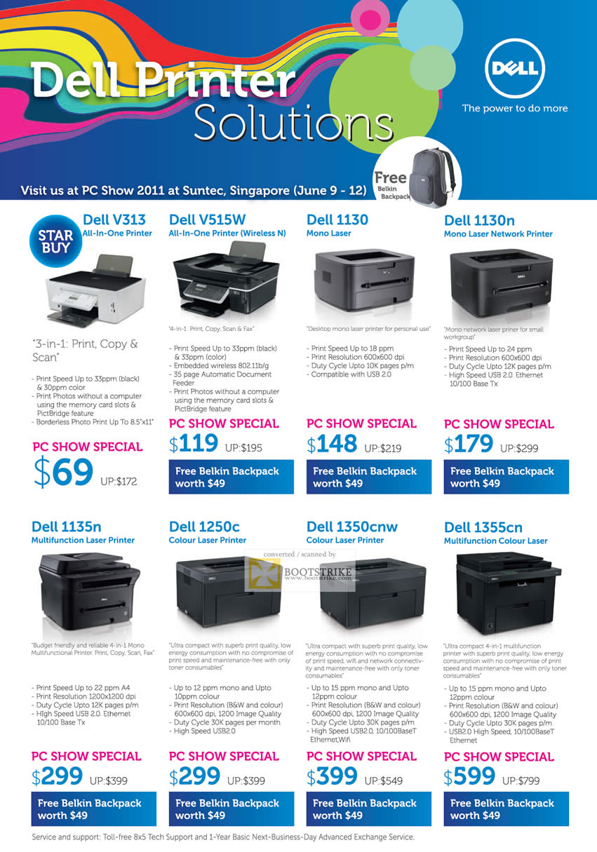 PC Show 2011 price list image brochure of Dell Printers V313 V515W 1130 1130n 1135n 1250c 1350cnw 1355cn