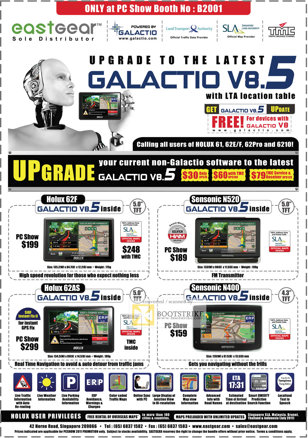 PC Show 2011 price list image brochure of Eastgear GPS Galactio Holux 62F Sensonic N520 62AS N400 LTA TMC