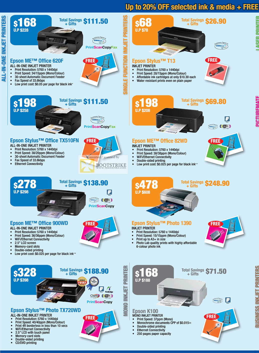 PC Show 2011 price list image brochure of Epson Printers Inkjet ME Office 620F Stylus TX510FN 900WD Photo TX720WD Stylus T13 82WD 1390 K100