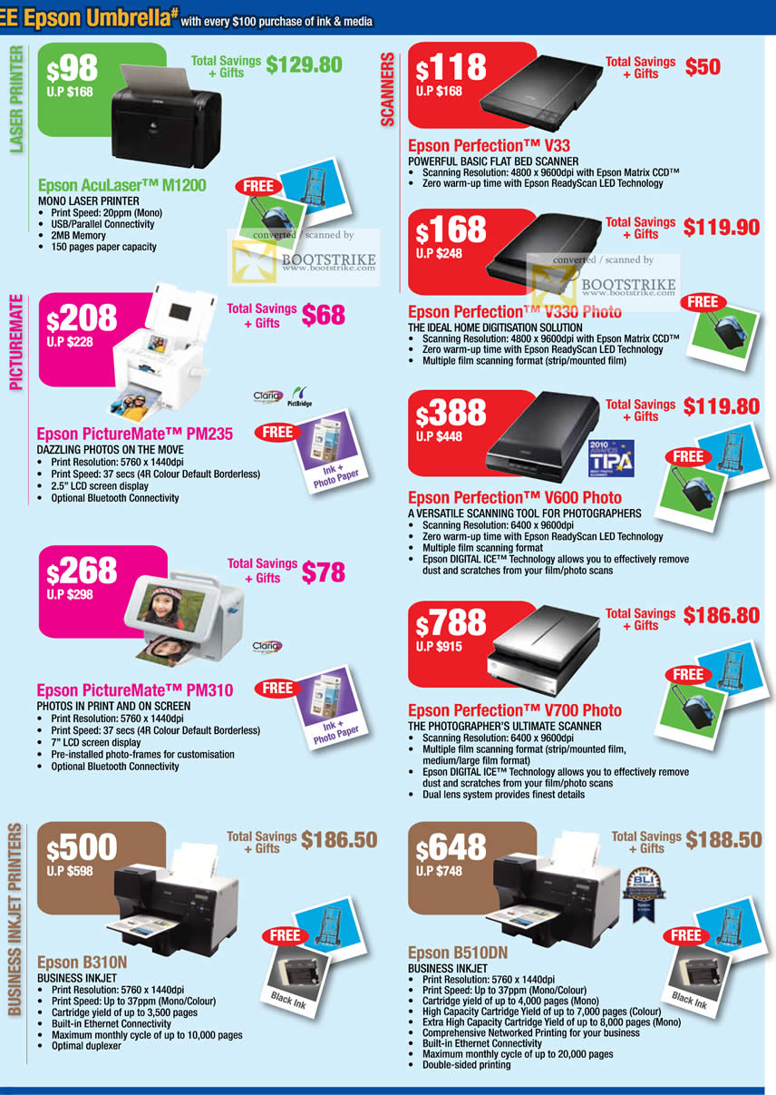 PC Show 2011 price list image brochure of Epson Printers Laser Scanners Business AcuLaser M1200 PictureMate PM235 PM310 B310N Perfection V33 V330 V600 V700 B510DN