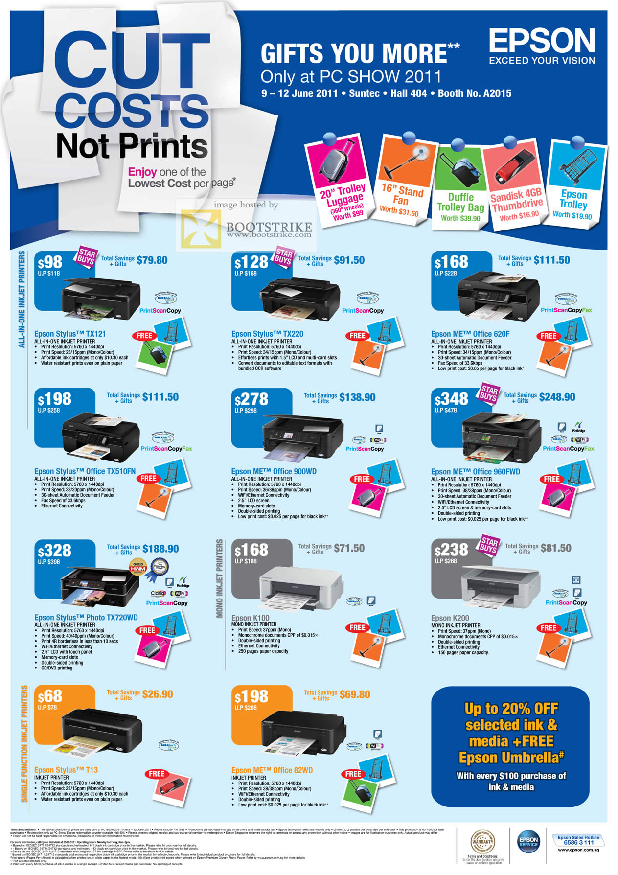PC Show 2011 price list image brochure of Epson Printers Stylus ME Office K100 T13 82WD Photo TX720WD K200 TX510FN 900WD 960FWD 620F TX220 TX121