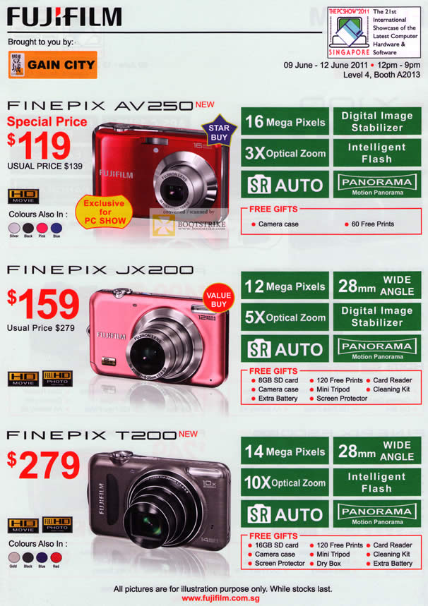 PC Show 2011 price list image brochure of Fujifilm Digital Cameras Gain City Finepix AV250 JX200 T200 SR Auto