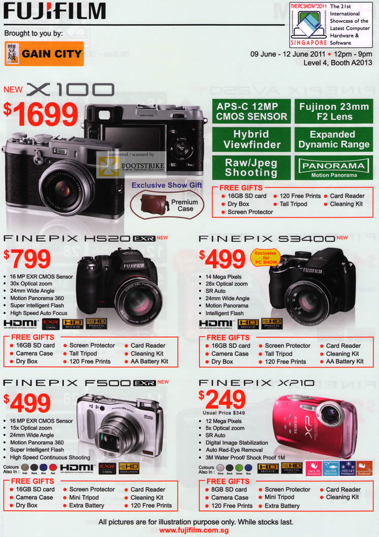 PC Show 2011 price list image brochure of Fujifilm Digital Cameras Gain City X100 Finepix HS20 EXR S3400 F500 XP10