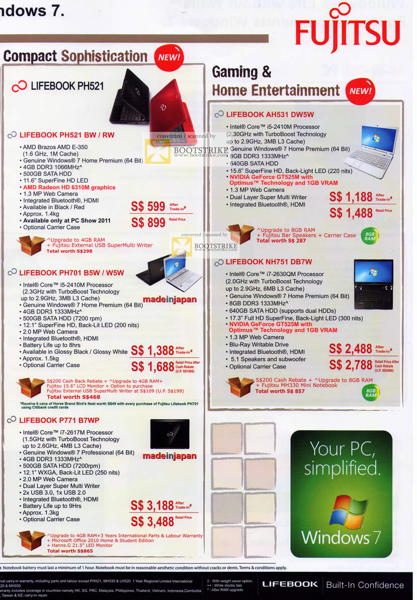 PC Show 2011 price list image brochure of Fujitsu Notebooks Lifebook PH521 BW RW AH531 DW5W PH701 B5W W5W NH751 DB7W P771 B7WP