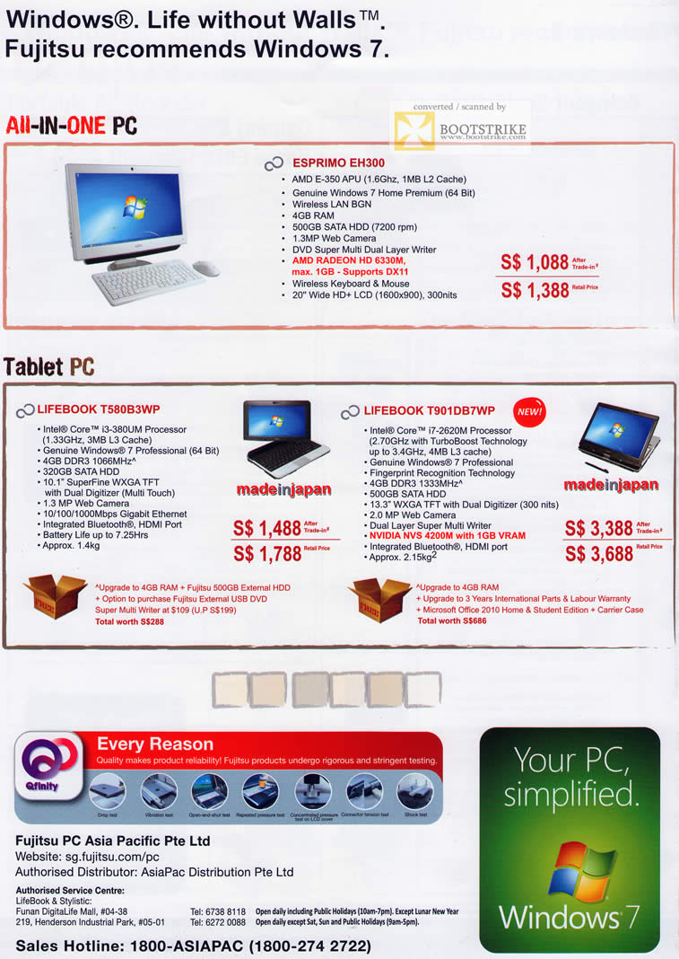PC Show 2011 price list image brochure of Fujitsu Notebooks Tablets Desktop PC Esprimo EH300 Lifebook T580B3WP T901DB7WP