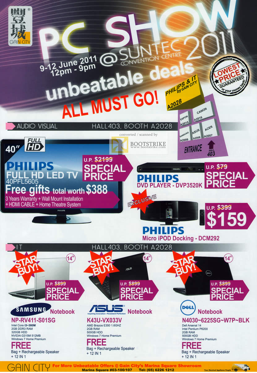PC Show 2011 price list image brochure of Gain City TV Philips Full HD LED TV DVD Player IPod Docking Samsung Notebooks NP-RV411-S01SG ASUS K43U Dell N4030