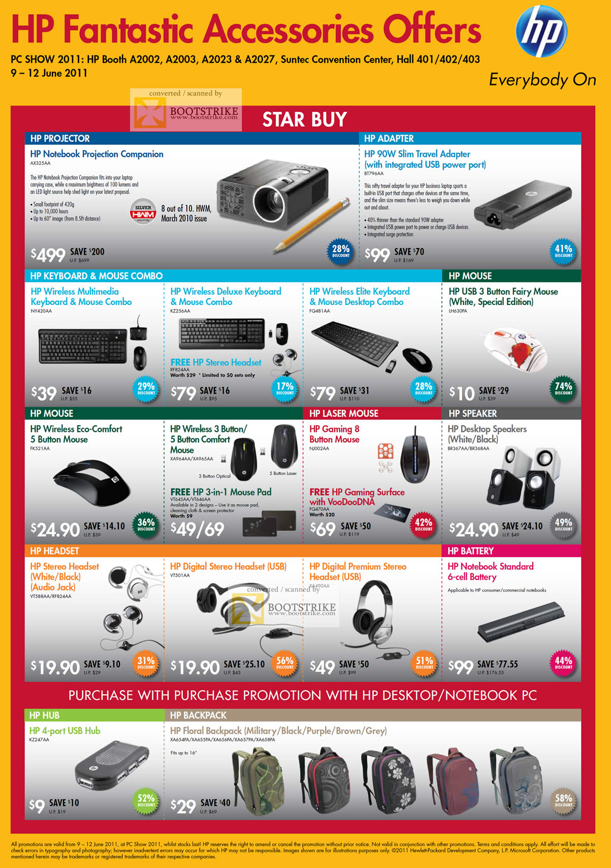 PC Show 2011 price list image brochure of HP Accessories Projector AX325AA Slim Adapter Keyboard Mouse Wireless Elite Deluxe Button Fairy Mouse Comfort Speakers Headset USB Battery Hub Floral Backpack