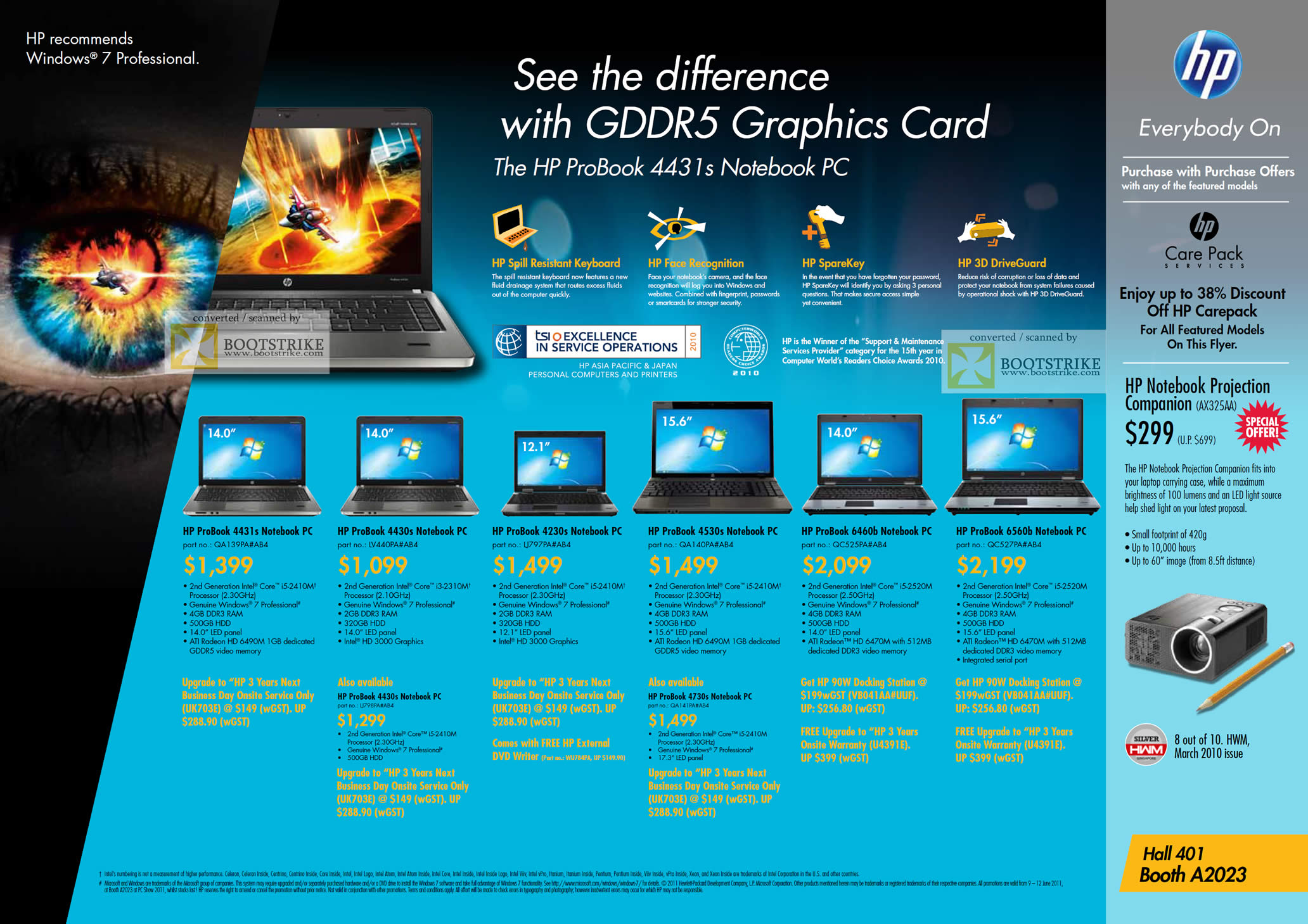 PC Show 2011 price list image brochure of HP Notebooks Business ProBook 4431s 4430s 4230s 4530s 4730s 6460b 6460b Projector AX325AA