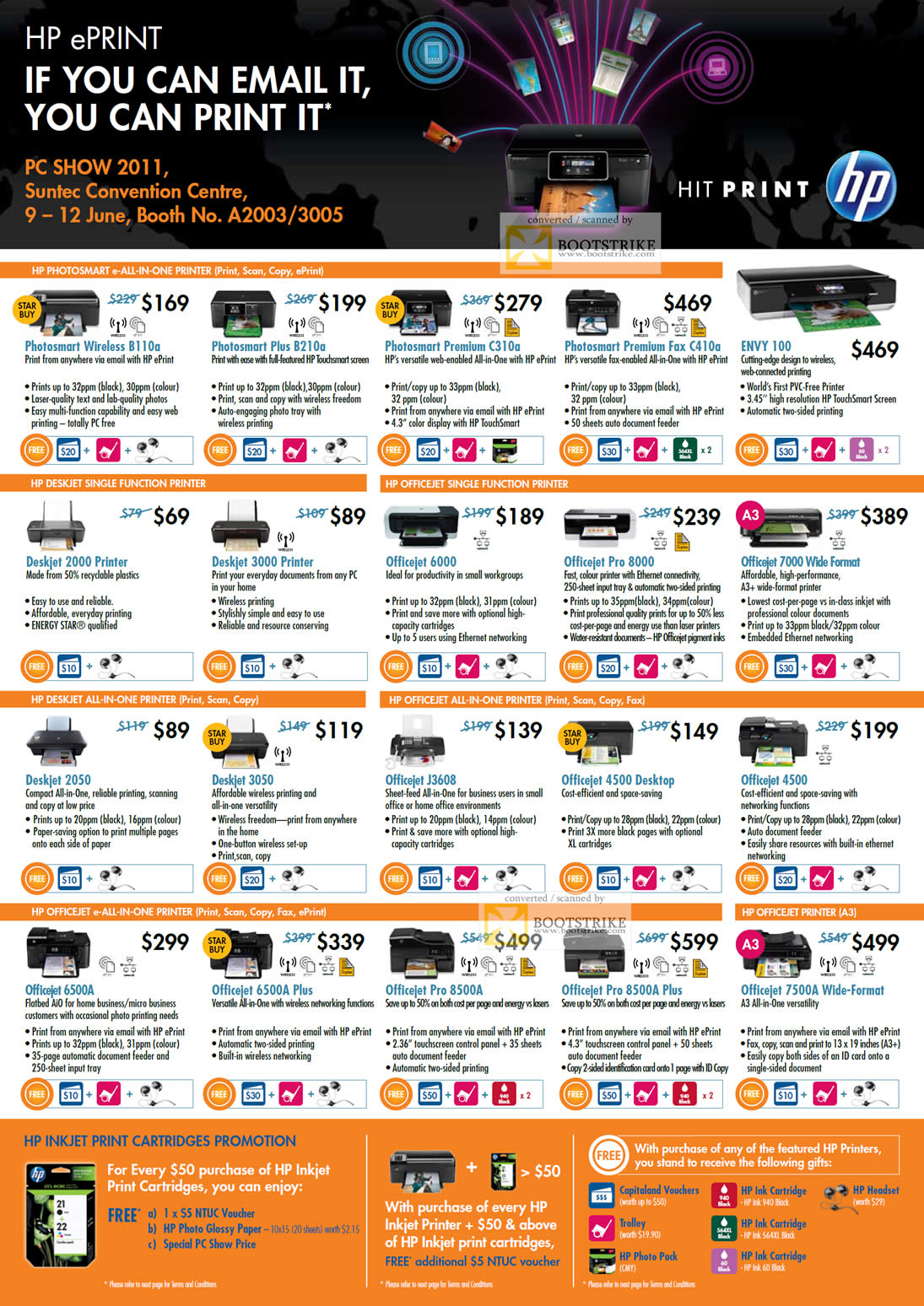 PC Show 2011 price list image brochure of HP Printers Photosmart AIO Wireless Deskjet Officejet Envy 100 Plus Premium Fax Pro Wide Format