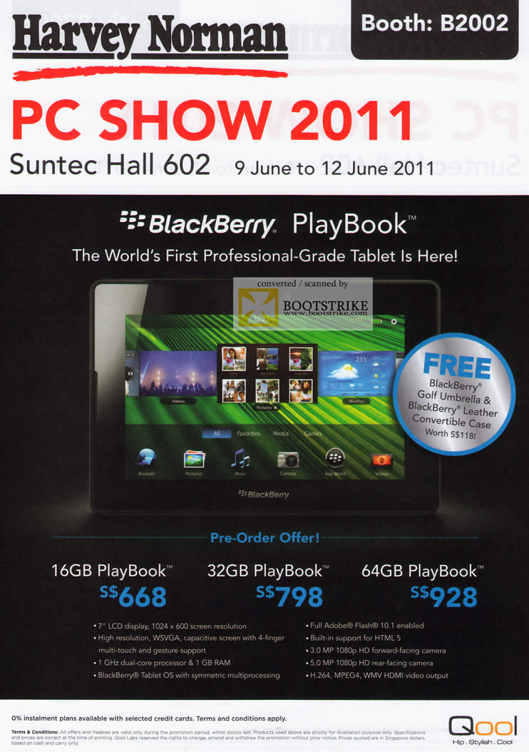 PC Show 2011 price list image brochure of Harvey Norman BlackBerry Playbook Tablet 16GB 32GB 64GB