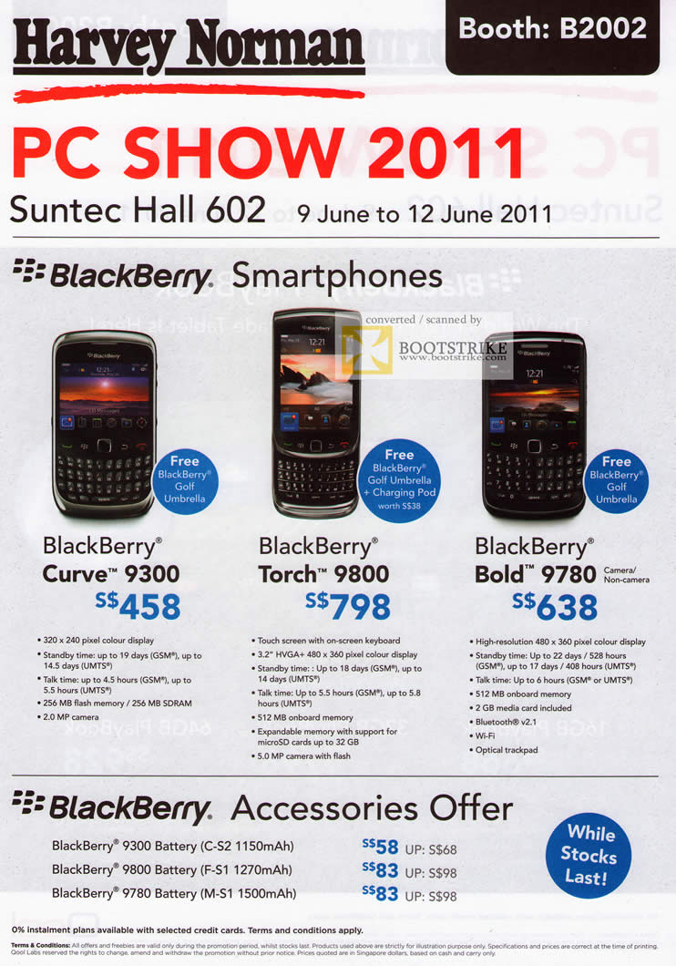 PC Show 2011 price list image brochure of Harvey Norman BlackBerry Smartphones Mobile Phones Curve 9300 Torch 9800 Bold 9780 Accessories Battery