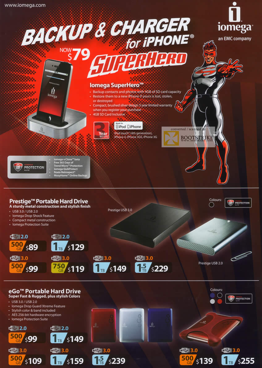 PC Show 2011 price list image brochure of Harvey Norman Iomega IPhone Backup Charger SuperHero External Storage Prestige EGo Portable