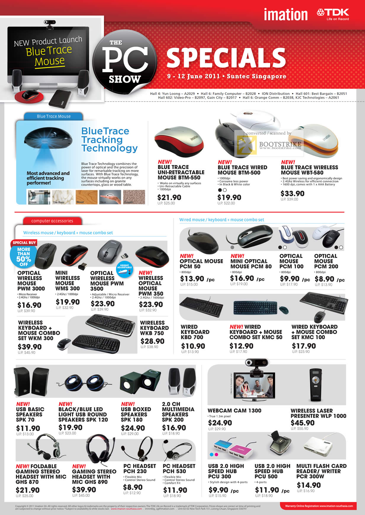 PC Show 2011 price list image brochure of Imation TDK BlueTrace Mouse Wireless Keyboard Optical USB Speakers Headset Hub Card Reader Webcam Laser Presenter