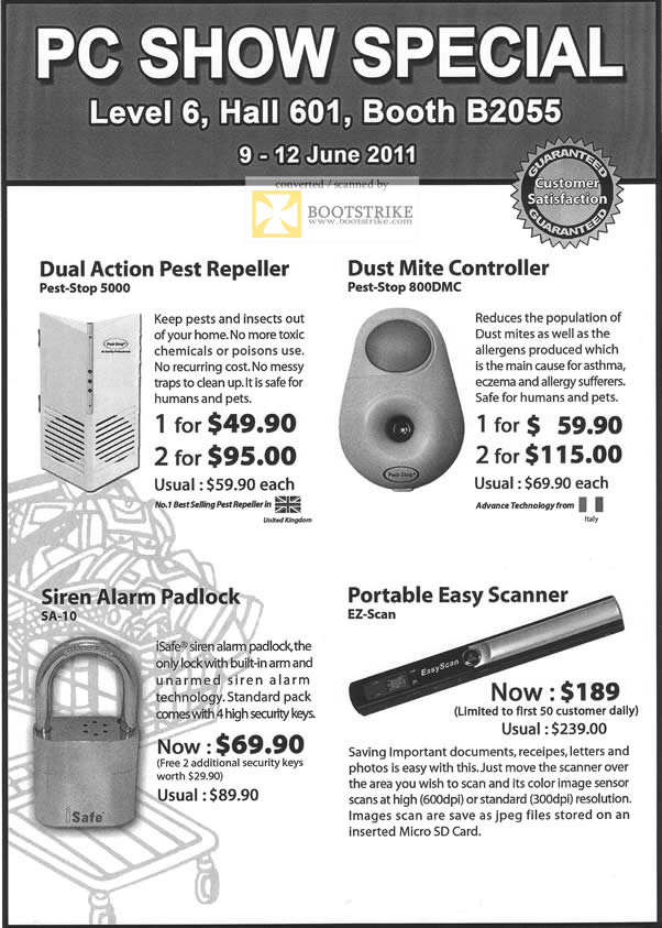 PC Show 2011 price list image brochure of JHI Dual Action Pest Repeller Pest-Stop 5000 Dust Mite Controller Siren Alarm Padlock Portable Easy Scanner