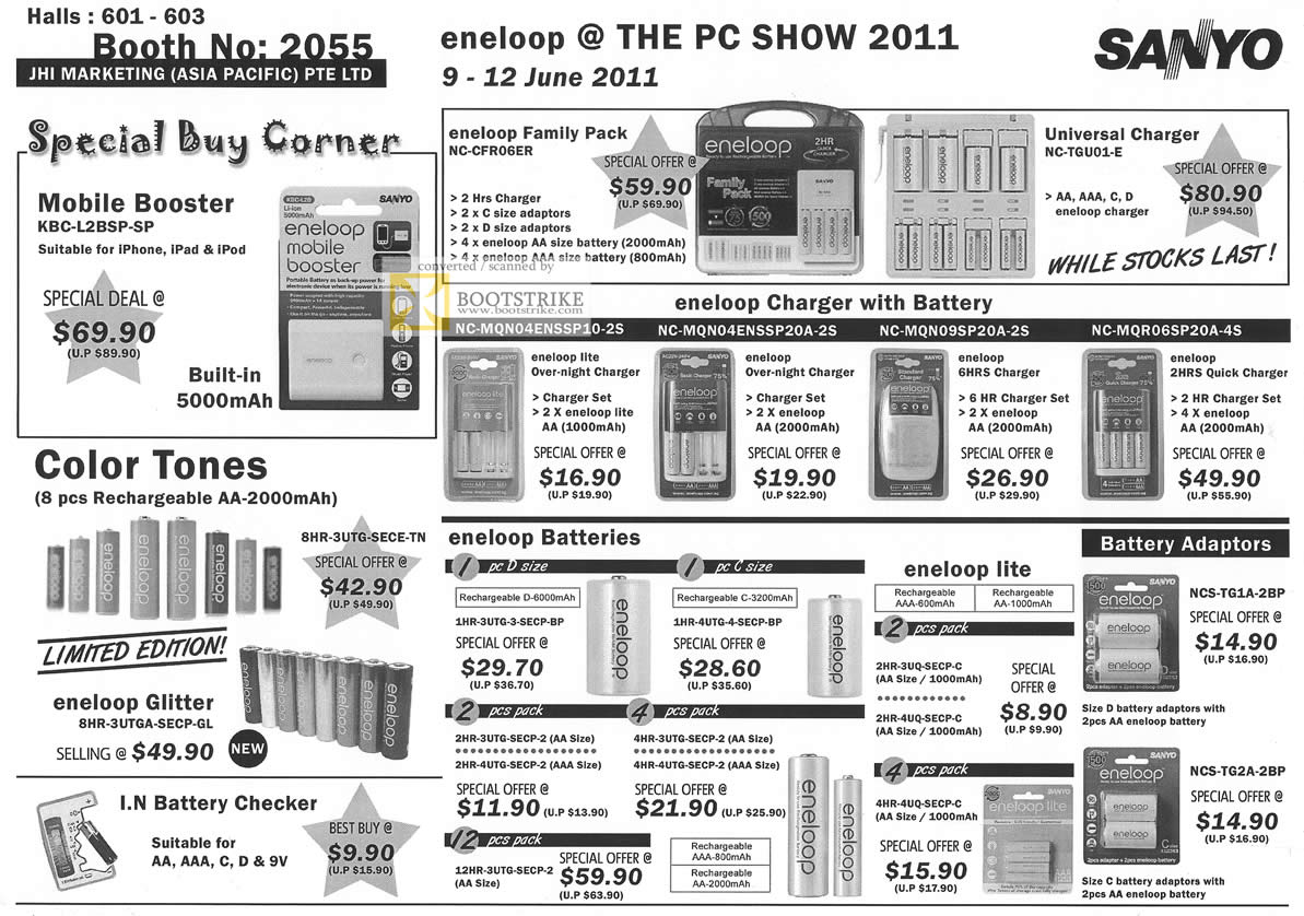 PC Show 2011 price list image brochure of JHI Sanyo Eneloop Battery Charger Mobile Booster Lite Charger Glitter Checker Universal Adapters