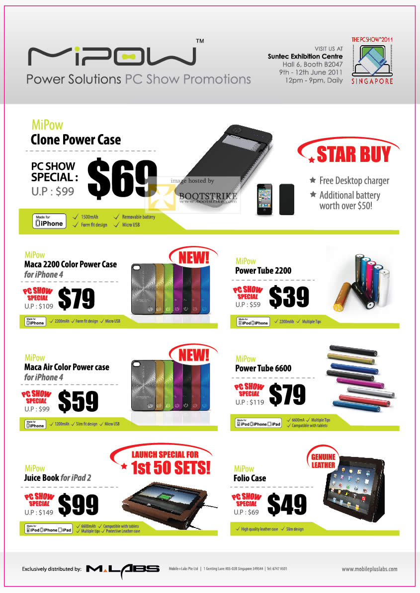 PC Show 2011 price list image brochure of KJC Mobile Labs MiPow Phone Case Clone Maca 2200 IPhone Power Tube Air Color 6600 Juice Book IPad 2 Folio Case